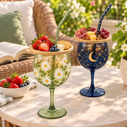 🍷 Sip & Snack Wine Glass Set – Charcuterie Topper with Straw