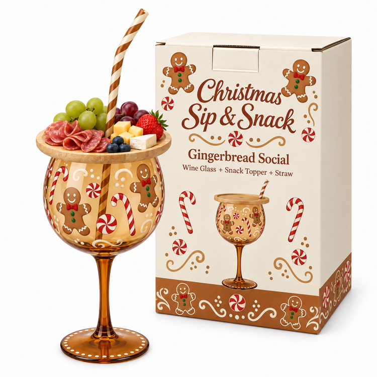 Gingerbread wine glass, snack topper, straw and illustrated carton