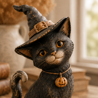 🐈‍⬛🎃 Whimsical Witch Cat Figurine – Rustic Halloween Black Cat Décor & Spooky Keepsake