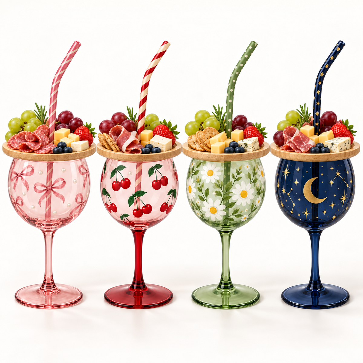 Lineup of four patterned sip and snack cup designs