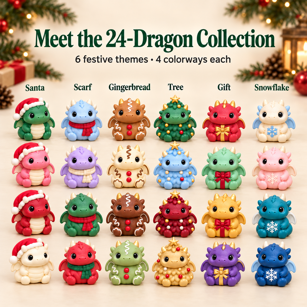Dragon design guide showing Santa, Scarf, Gingerbread, Tree, Gift and Snowflake themes in four pictured colorways each