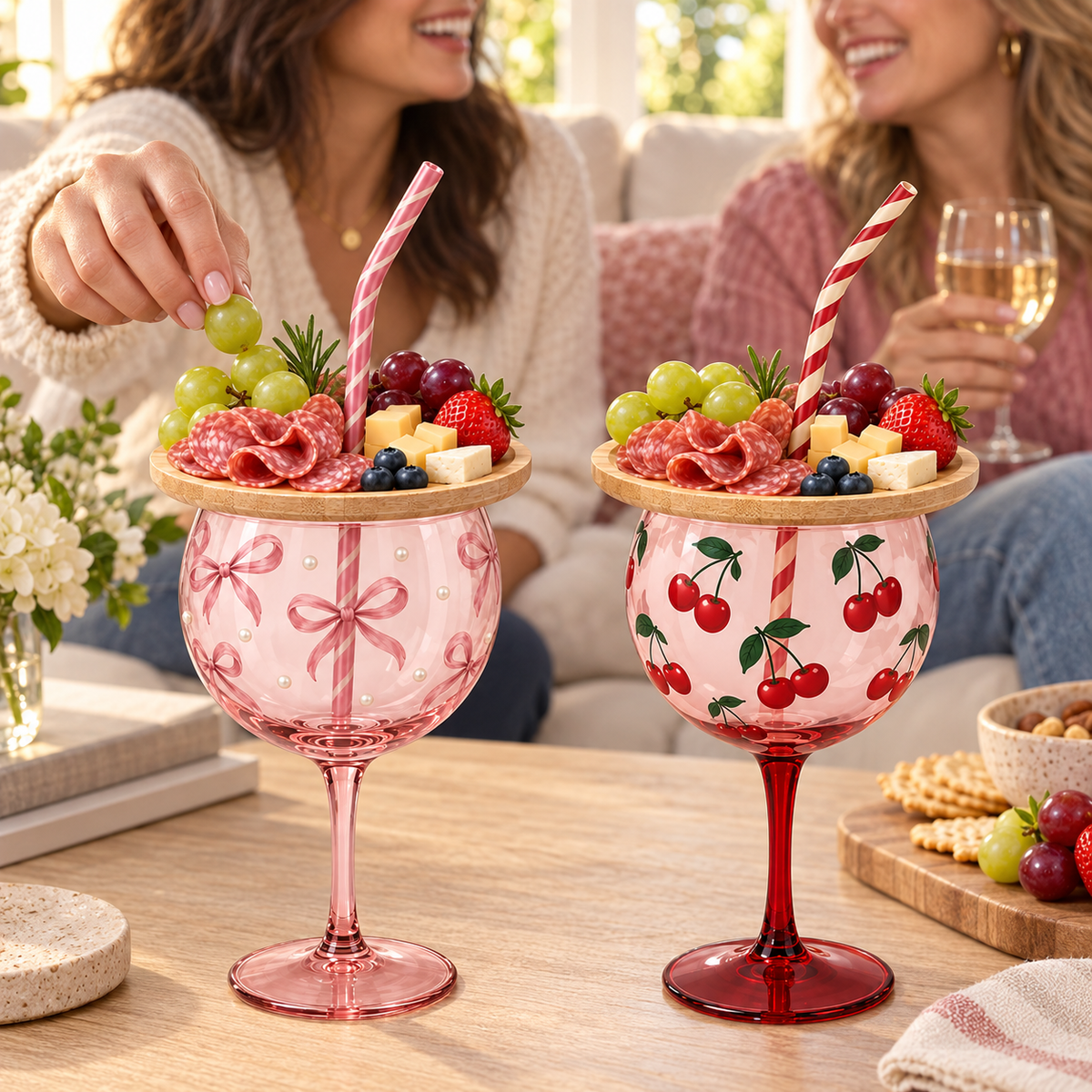 Friends sharing snacks with pink and cherry sip and snack cups
