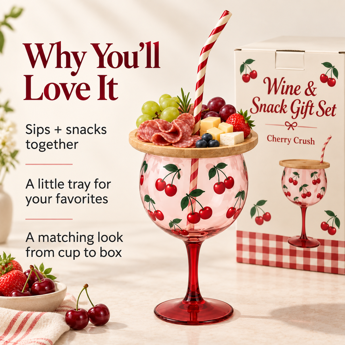 Cherry sip and snack set with three reasons to choose it