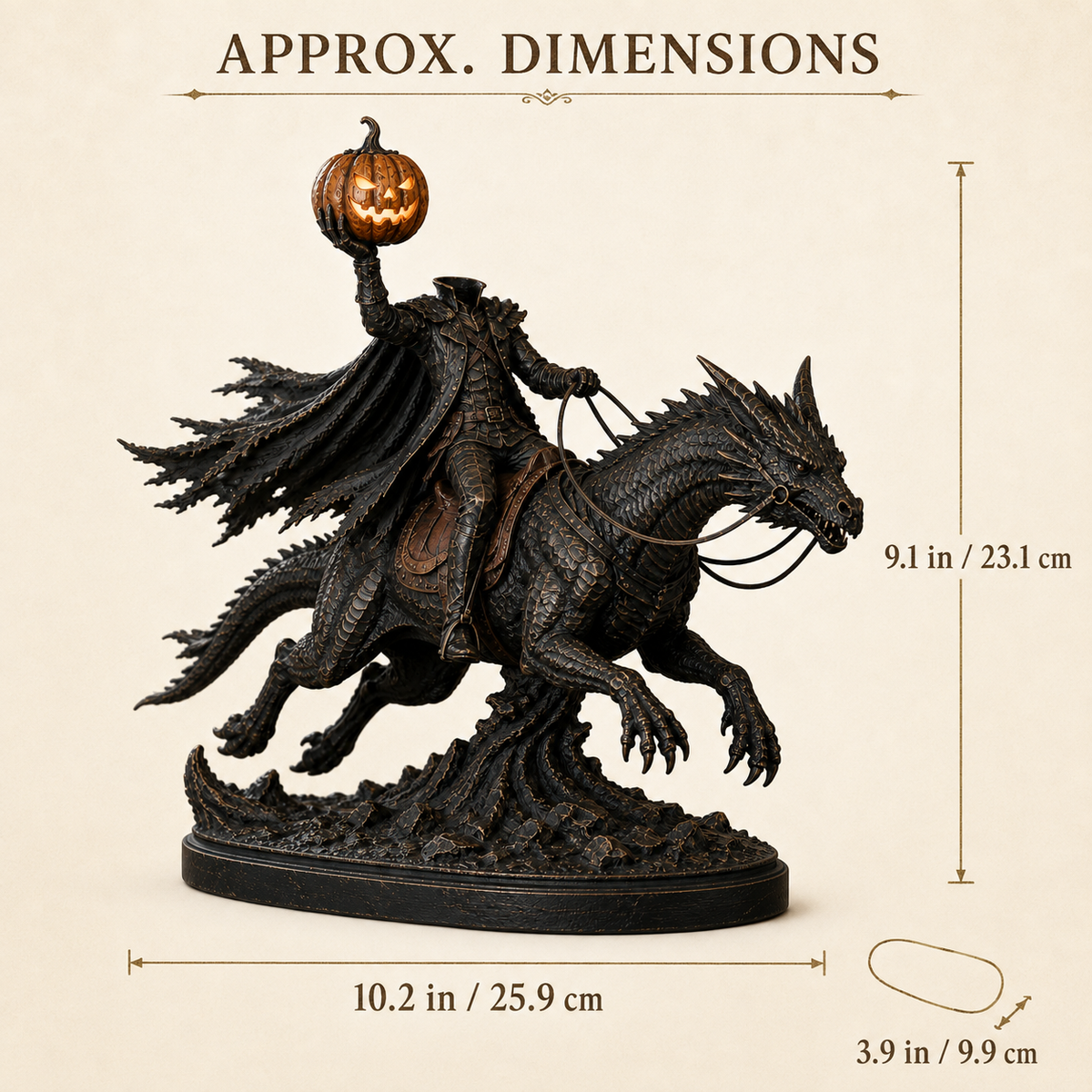 🎃 Headless Horseman on Dragon Statue – Gothic Halloween Figurine & Dark Fantasy Home Decor dimensions and specifications
