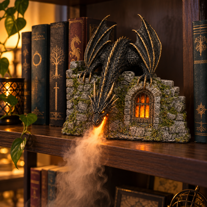 🐉🔥 Fire-Breathing Dragon Castle Mist Lamp – Glowing LED Flame Effect & Remote Control ✨
