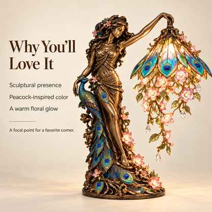 🦚✨ Enchanted Peacock Goddess Table Lamp – Floral Art Nouveau Accent Light
