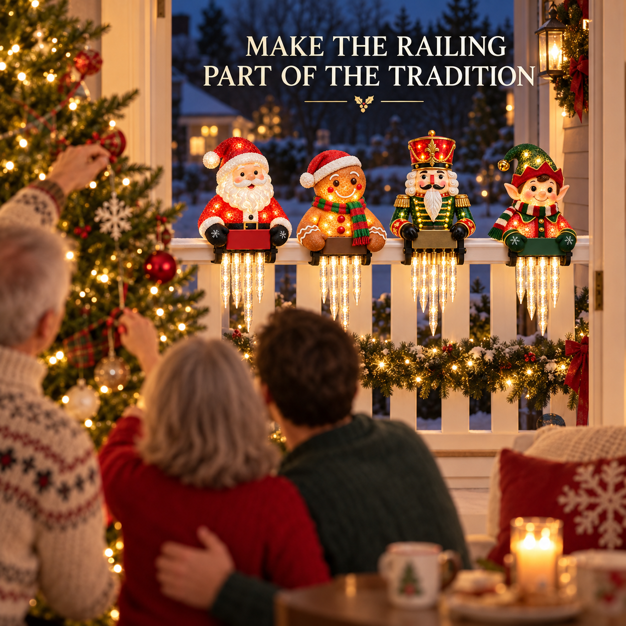 Family enjoying Christmas decorations beside glowing character railing lights