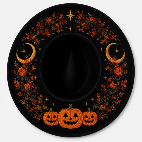 🖤 Gothic Embroidered Wide Brim Fedora Hat | Black Felt Design with Detailed Underside Embroidery in 7 Witchy, Celestial & Halloween Styles 🌙
