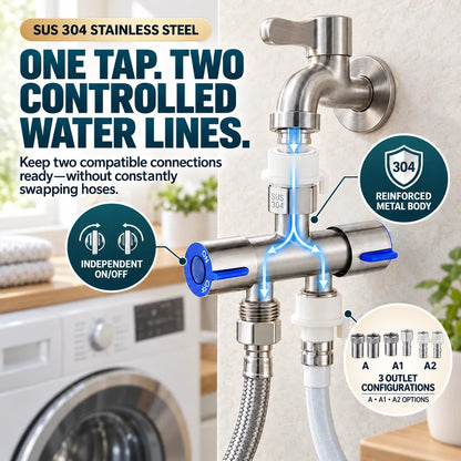 SUS 304 Dual-Control Faucet Diverter 🚿 – 2-Way Hose & Washer Connection