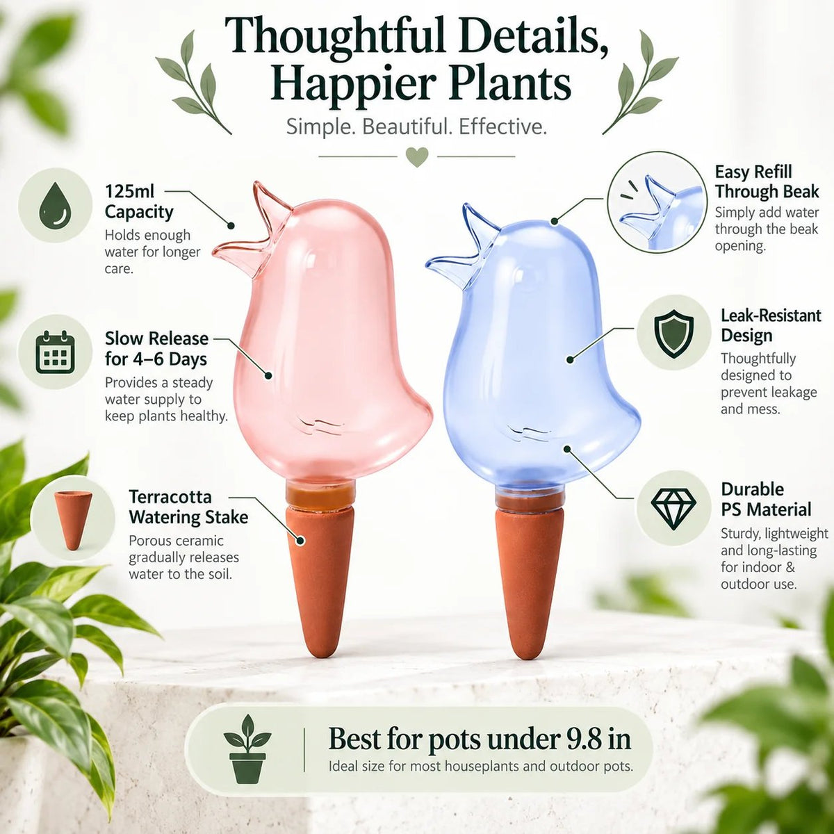 💧 Keep Plants Hydrated While You’re Away – Adjustable Blue Plant Watering Stakes, 4-Pack