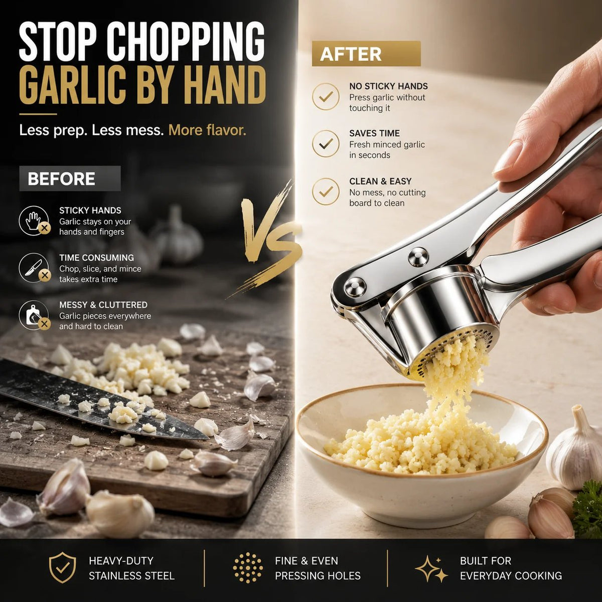🧄 Pro Stainless Steel Garlic Crusher – Effortlessly Mince Fresh Garlic in Seconds