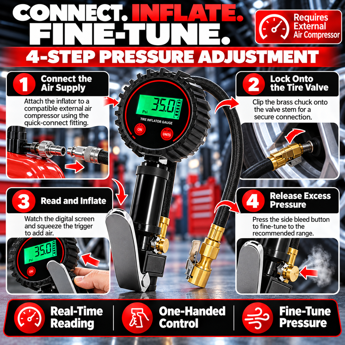 3-in-1 Digital Tire Pressure Gauge 🚗 – 200 PSI Inflator Chuck & Air Bleeder