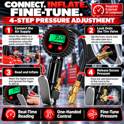 3-in-1 Digital Tire Pressure Gauge 🚗 – 200 PSI Inflator Chuck & Air Bleeder