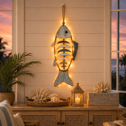 🐟✨ Lighted Coastal Rope Fish Wall Hanging