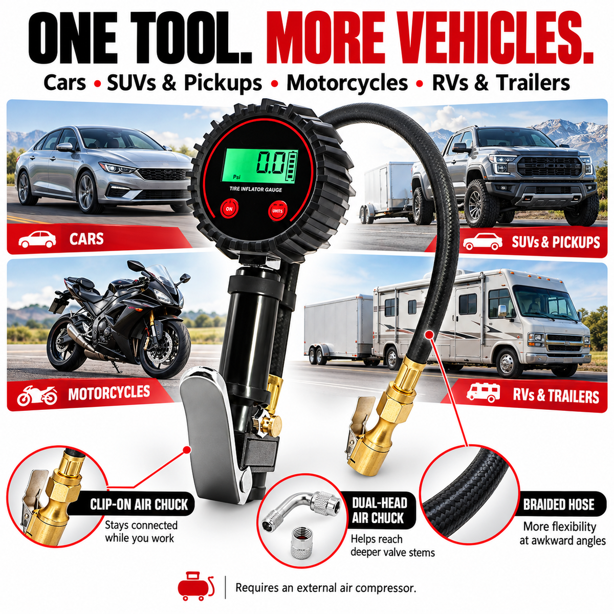 3-in-1 Digital Tire Pressure Gauge 🚗 – 200 PSI Inflator Chuck & Air Bleeder