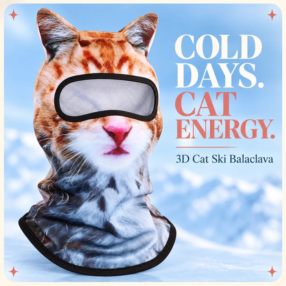 🐆❄️ Snow Leopard 3D Cat Balaclava with Ears – Cozy Full-Face Ski Hood