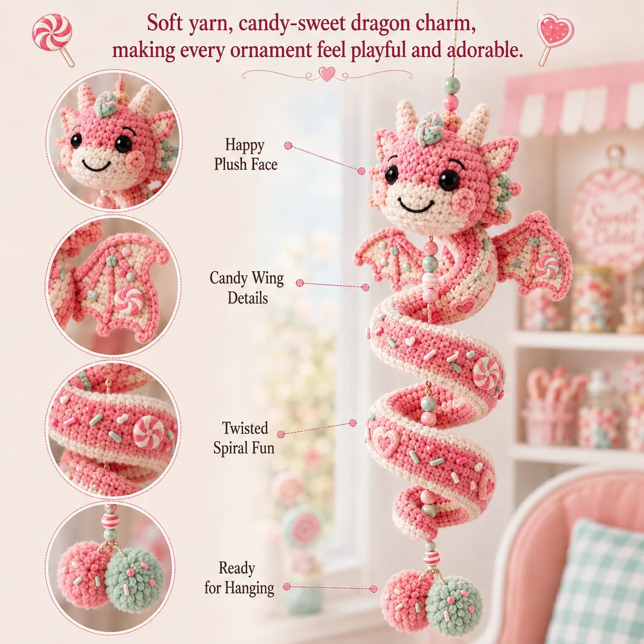 Candy Dragon spiral crochet ornament and close-up decorative details.