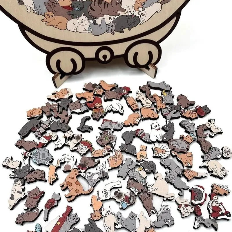 🎁135-Piece Morandi-Colored Cat Shaped Wooden Jigsaw Puzzle