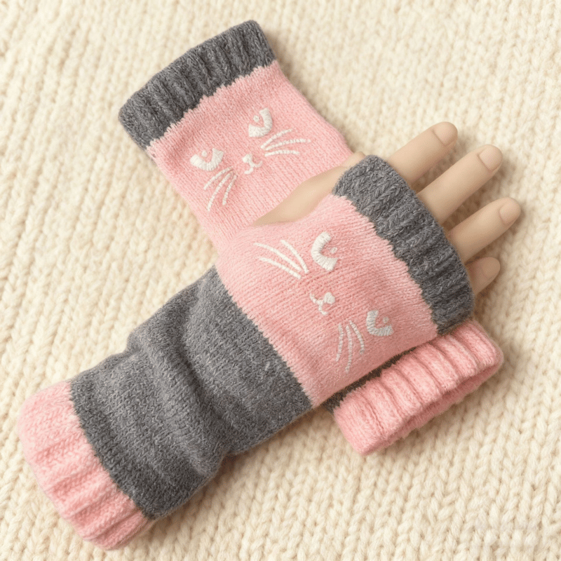 🐱 Cozy Cat Knit Fingerless Gloves – Cute Winter Hand Warmers
