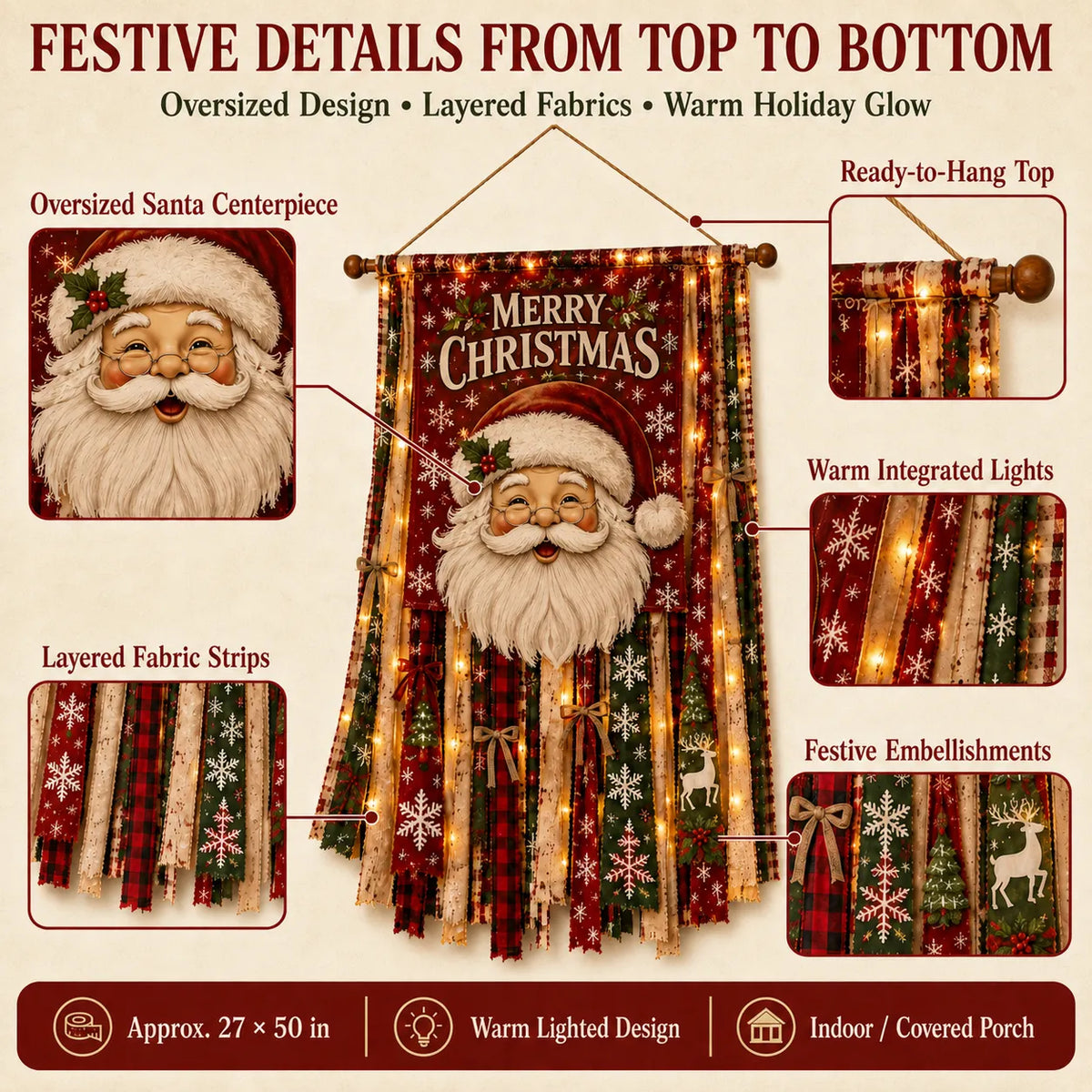 ⏳ Last Day 49% OFF – 🎄Oversized Lighted Christmas Door Hanging Decor Collection | 27 × 50 in Layered Fabric Design with Warm Lights & 5 Festive Character Styles ✨