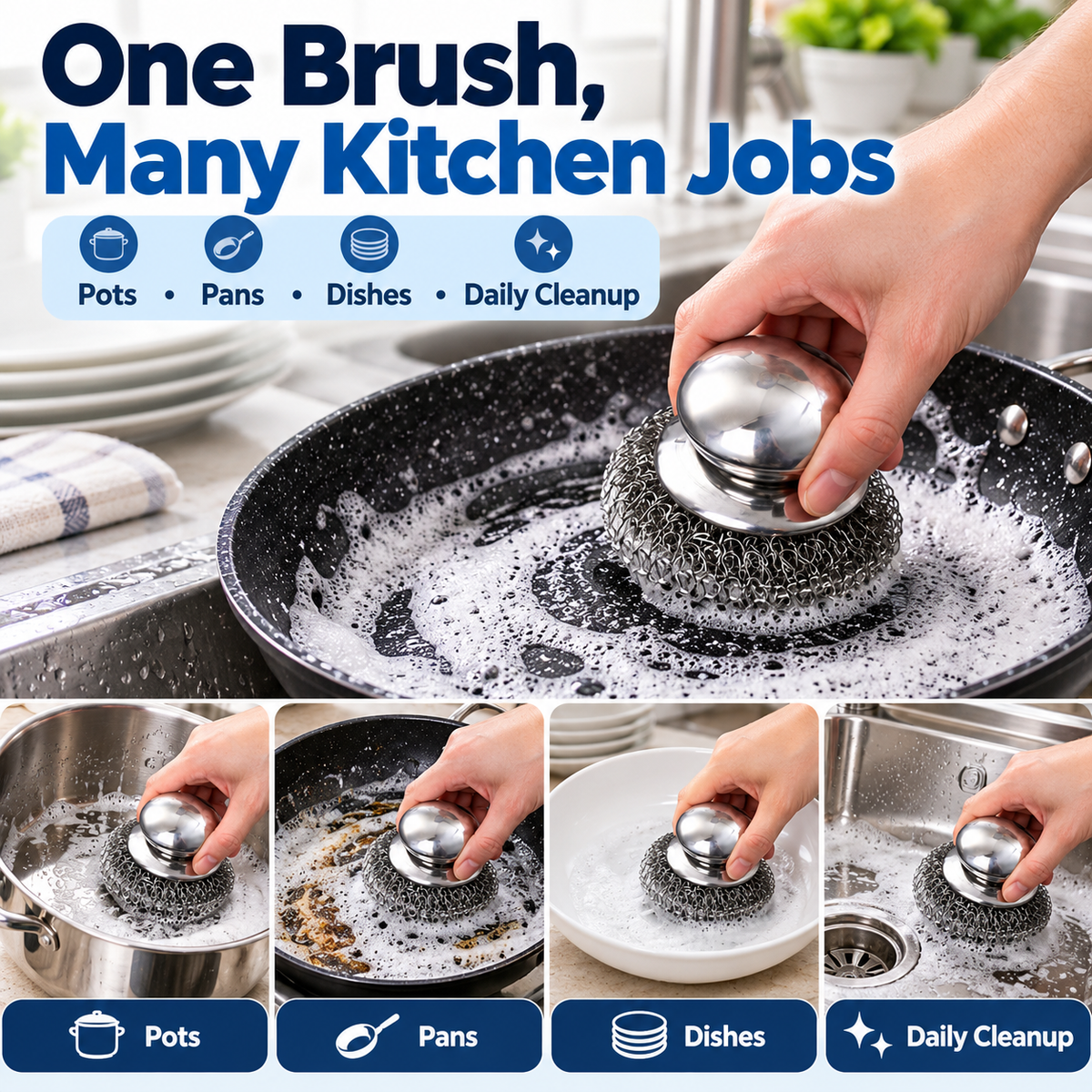 Stainless Steel Pot Scrubbers 🧽 – 2-Piece Heavy-Duty Kitchen Cleaning Brush Set
