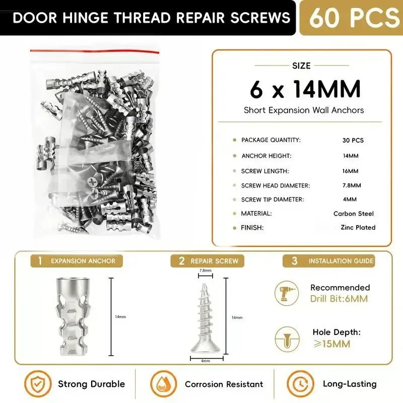 60-Piece Door Hinge Repair Kit 🔩 – 6×14mm Screws & Anchors