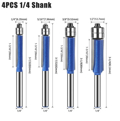 🪵 4-Piece Flush Trim Router Bits – Dual Bearings, 1/4" Shank
