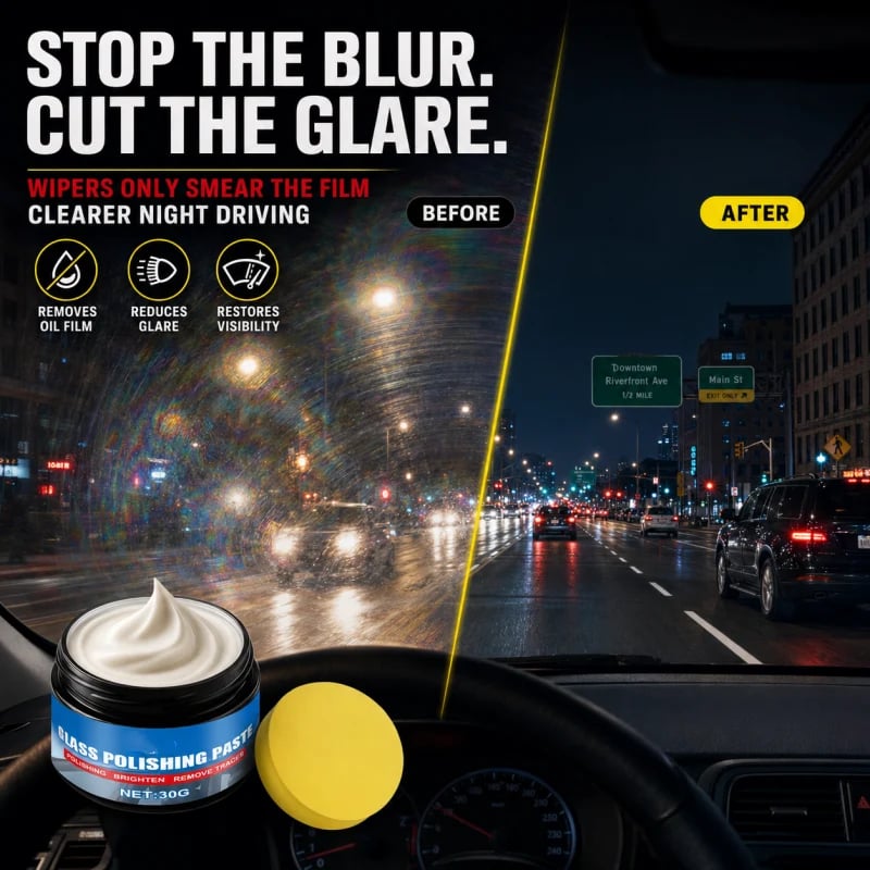 💯🔥50% OFF🔥 Car Glass Oil Film Remover – Eliminates Glare & Wiper Smears, Repels Rain, Works on All Glass – Sponge Included! 🚗