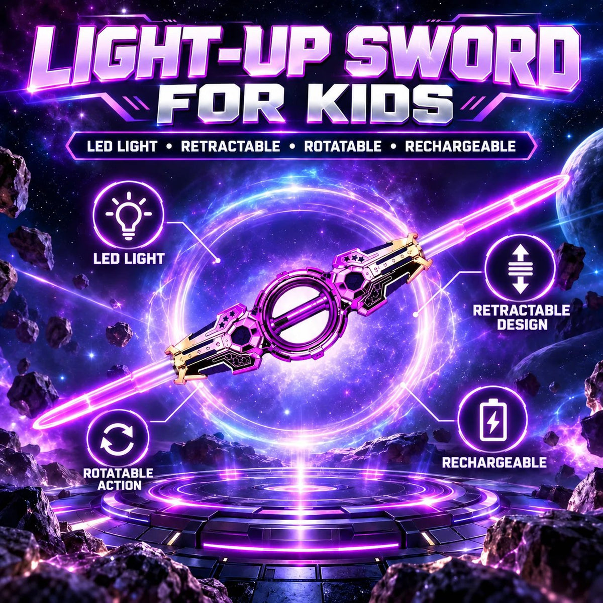 Retractable LED Light-Up Sword ⚔️ – Glowing Toy Saber for Play & Costumes