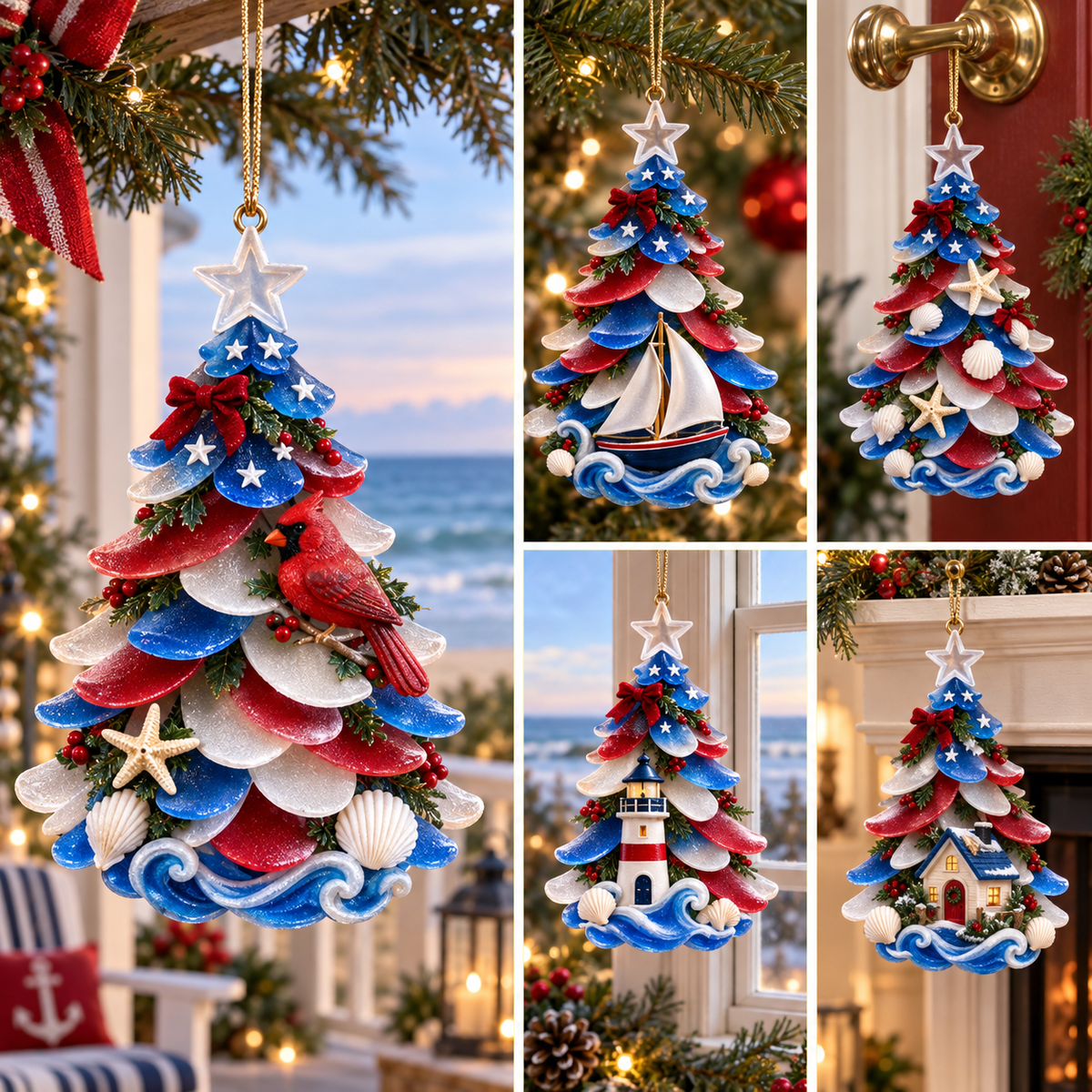 Patriotic coastal Christmas tree ornaments displayed together