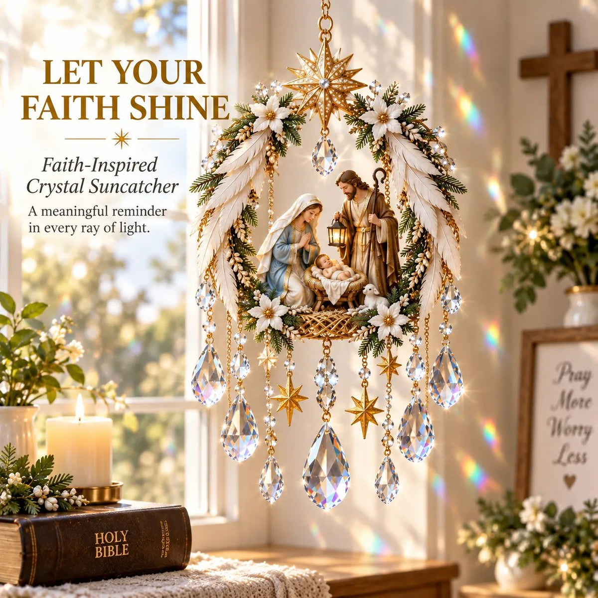 👶 Holy Family Nativity Window Prism ✝️ Rainbow-Making Crystal Sun Catcher, 12.6 × 9.4 in ✨