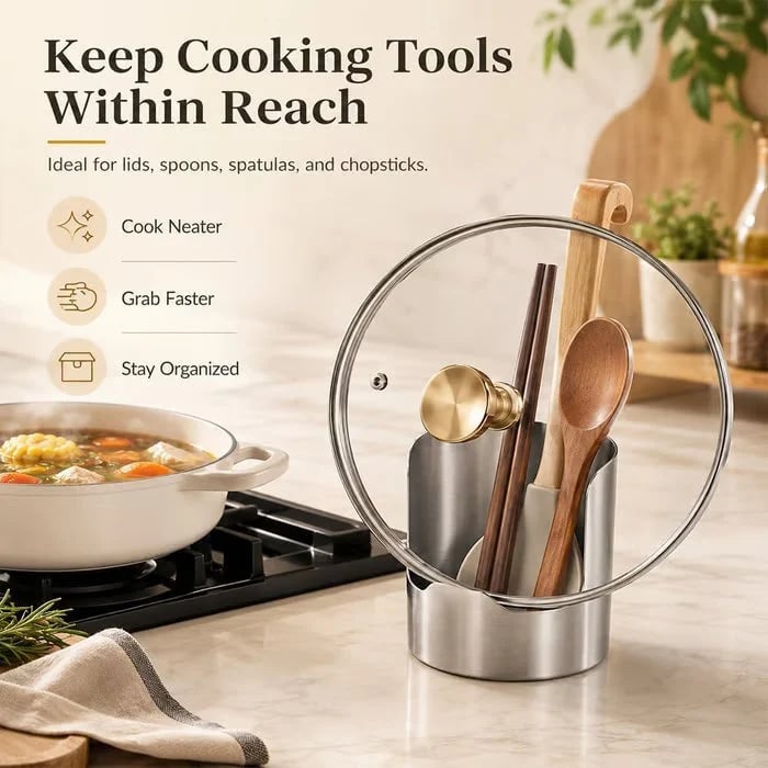 ✨ Stainless Steel Countertop Utensil Caddy & Pot Lid Rest – Rust-Resistant, 1-Pack