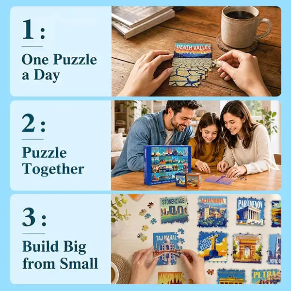 rokt&razo Travel Series, 24 Mini Pack 1000 Pieces Jigsaw Puzzle, 8 Puzzle Stickers, 3 Themes: National Parks, World Heritage, Global City Tour