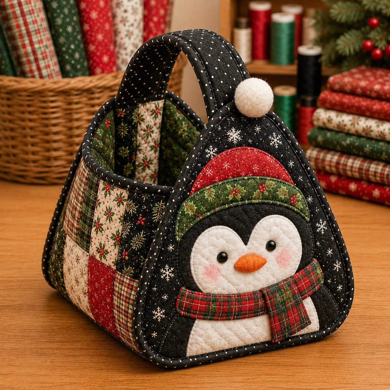 Christmas Quilted Carry Basket Sewing Kit