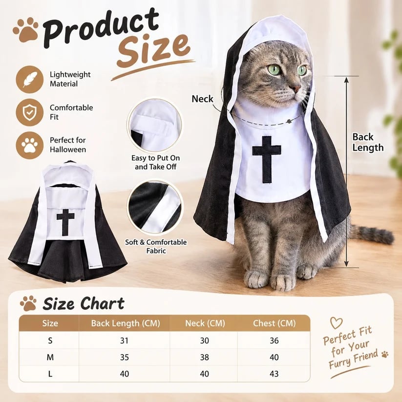 🐈‍⬛ Holy Cat™ Nun Costume – Funny Halloween Cat Outfit, Cute Black & White Pet Costume for Photos & Cat Lovers 🎃
