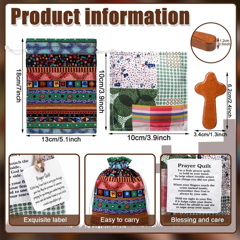 🎁6 Sets Pocket Prayer Quilt Set | Mini Handmade Prayer Blankets with Cross & Drawstring Bag Christian Gifts✝️