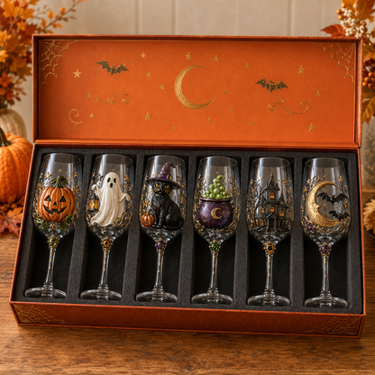 🎃✨ Enchanted Halloween Wine Glass Collection – 6-Piece 3D Spooky Gift Box Set