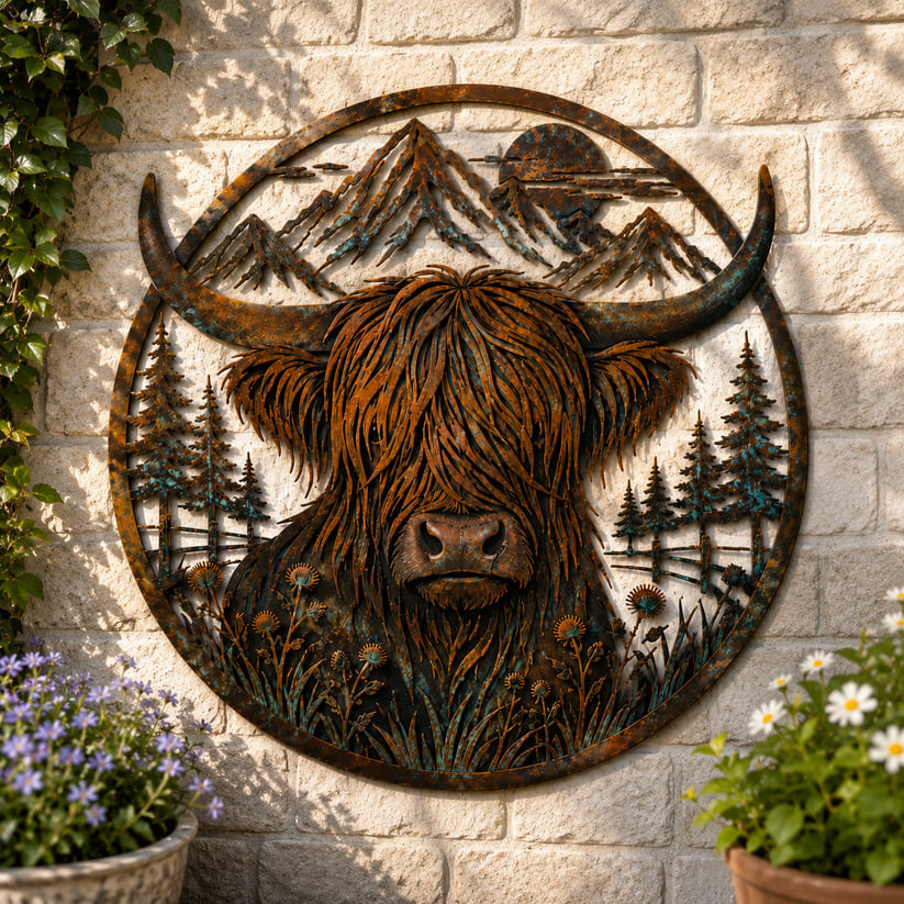 Highland Cow Mountain Scene Metal Wall Art For Rustic Decor