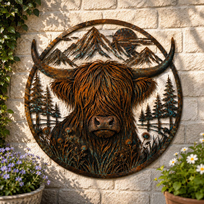 Highland Cow Mountain Scene Metal Wall Art For Rustic Decor