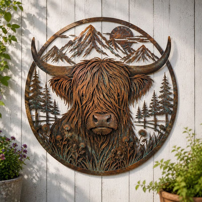 Highland Cow Mountain Scene Metal Wall Art For Rustic Decor