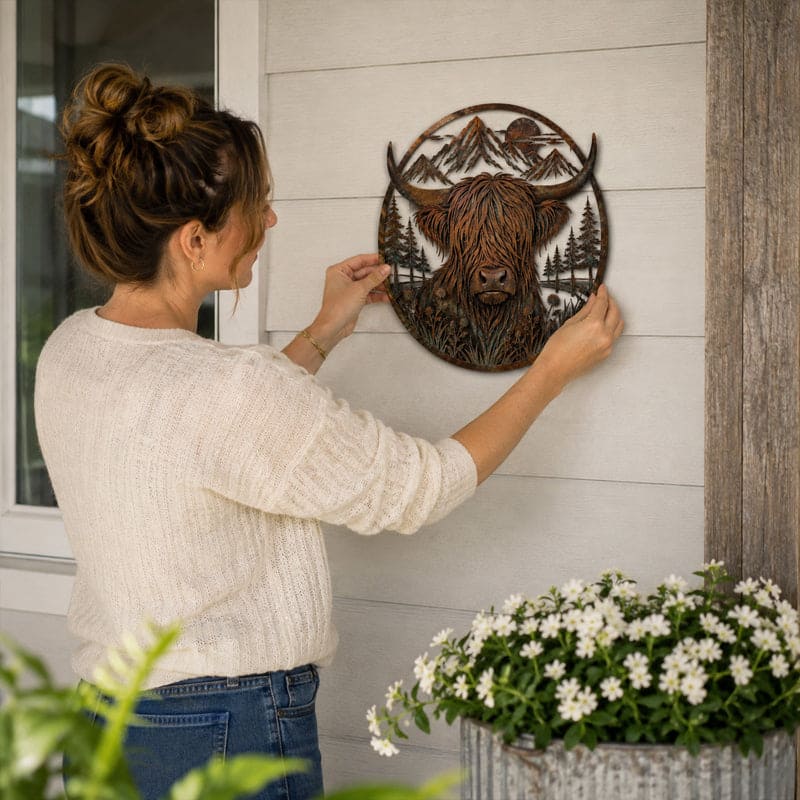 Highland Cow Mountain Scene Metal Wall Art For Rustic Decor