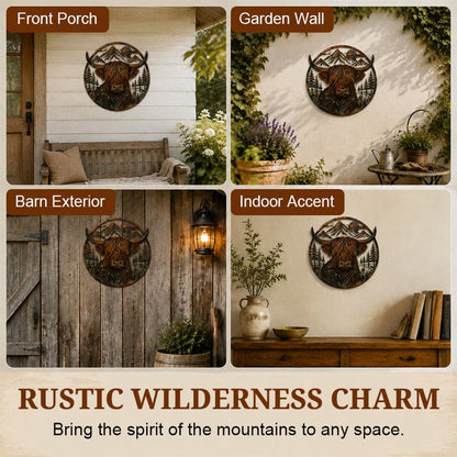 Highland Cow Mountain Scene Metal Wall Art For Rustic Decor