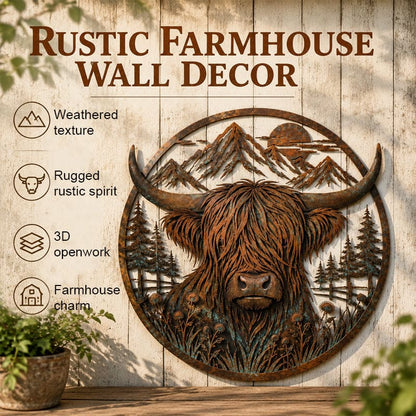 Highland Cow Mountain Scene Metal Wall Art For Rustic Decor