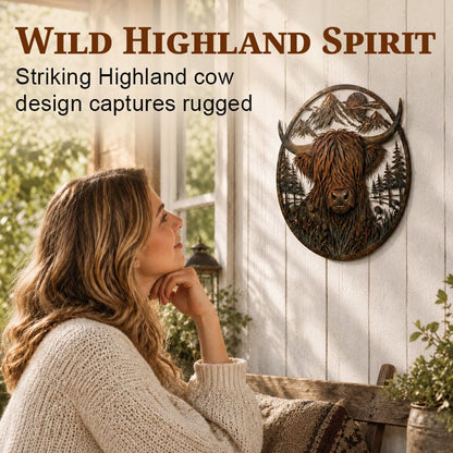 Highland Cow Mountain Scene Metal Wall Art For Rustic Decor