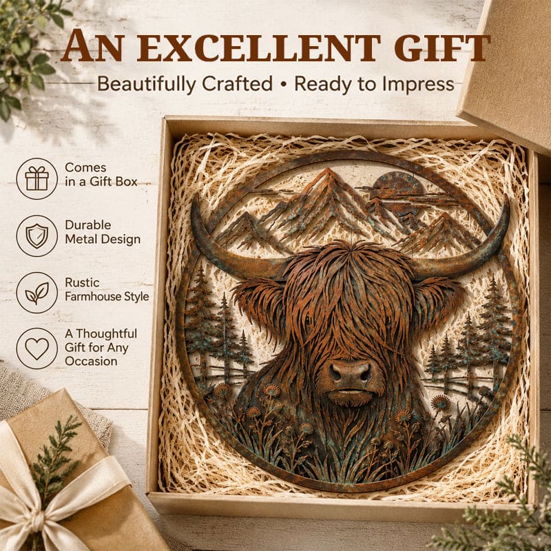 Highland Cow Mountain Scene Metal Wall Art For Rustic Decor