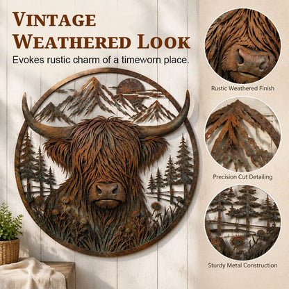 Highland Cow Mountain Scene Metal Wall Art For Rustic Decor