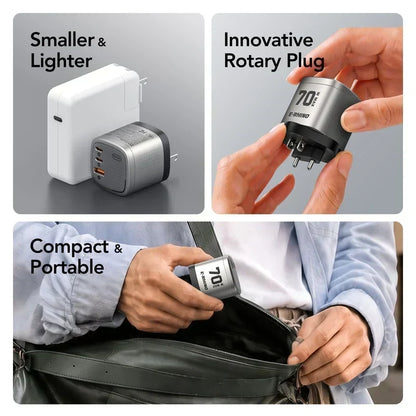 ⚡ 70W GaN Travel Charger – 3 Ports with Rotating Plug