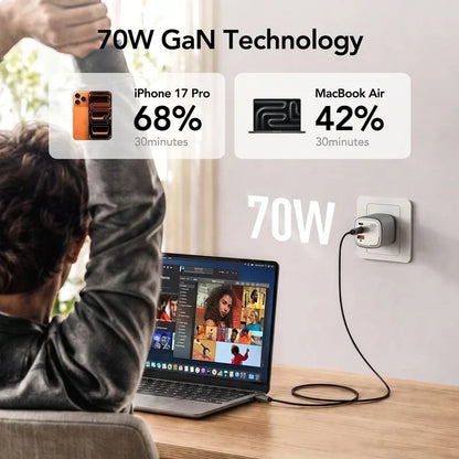 ⚡ 70W GaN Travel Charger – 3 Ports with Rotating Plug