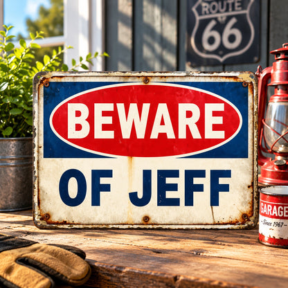 Beware of Jeff Metal Sign – Funny Vintage Garage Warning Sign