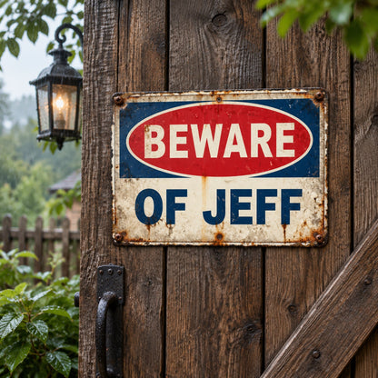 Beware of Jeff Metal Sign – Funny Vintage Garage Warning Sign